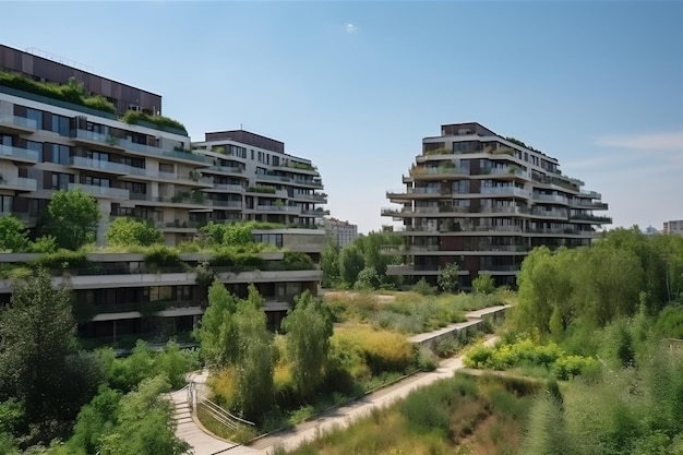 Milieuvriendelijke woonwijk van de stad met groene terrassen generatieve ai