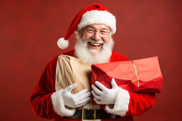 Miling santa claus holding bag with gifts looks happy on one color background