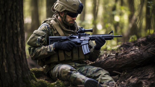 Militair in camouflage met een pistool zit in het bos.