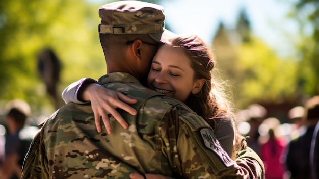 Foto militair omhelst zijn dochter terwijl hij zich herenigt met zijn familie