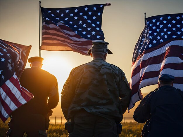 Militair op de achtergrond van de vlag van Amerika ai generatief