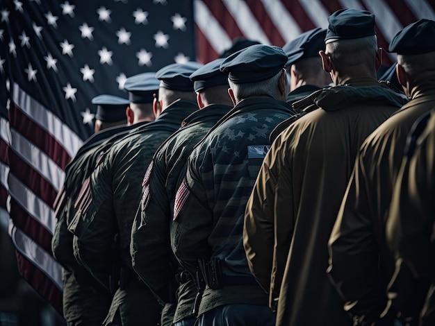 Militair op de achtergrond van de vlag van Amerika ai generatief