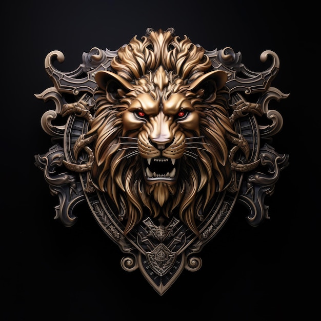 Militair wapenschild met gouden leeuwenhoofd Blazony met leeuwenhoofden op een donkere achtergrond gegenereerd door AI