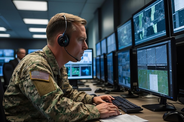 Militaire bewakingsofficier die werkt aan een stadsopsporingsoperatie in een centrale kantoorhub voor cybercontrole en -monitoring voor het beheer van nationale veiligheidstechnologie en legercommunicatie