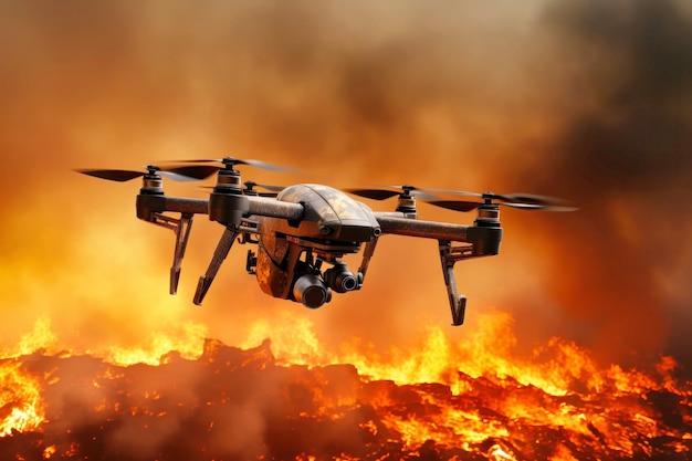 Militaire drone in vlucht waarnemende posities Een onbemande luchtvaartuig tegen de achtergrond van een explosie Oorlog inlichtingendienst Moderne wapens