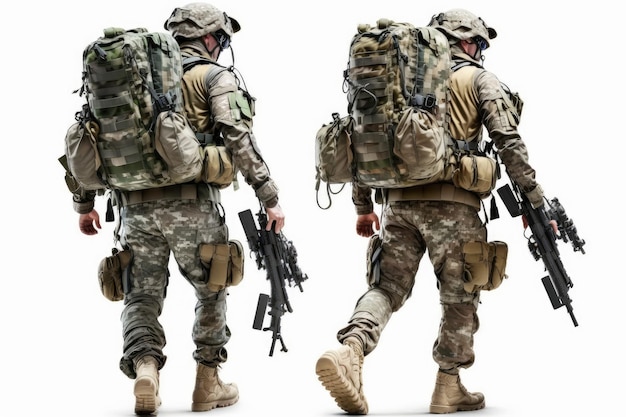 Militaire gevechtssoldaten die militaire rugzak met munitie dragen die op witte cre wordt geïsoleerd als achtergrond