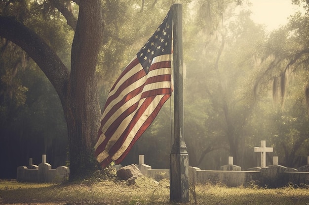 Militaire grafstenen ter ere van strijdkrachten militairen versierd met Amerikaanse vlaggen voor Memorial Day Generative AI