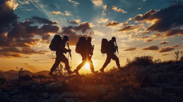 Militaire groep soldaten van het Amerikaanse leger bij zonsondergang