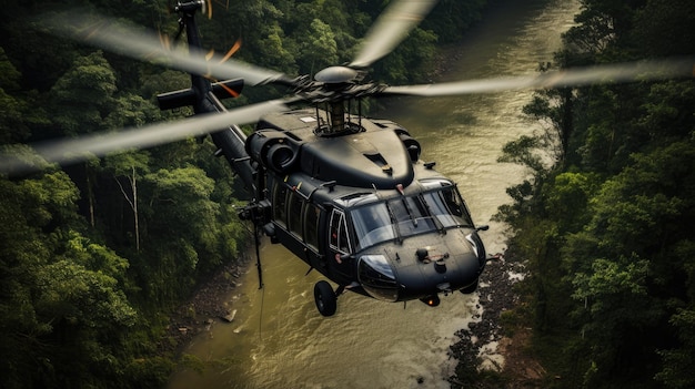 Militaire helikopter UH60AL Black Hawk vliegt in actie