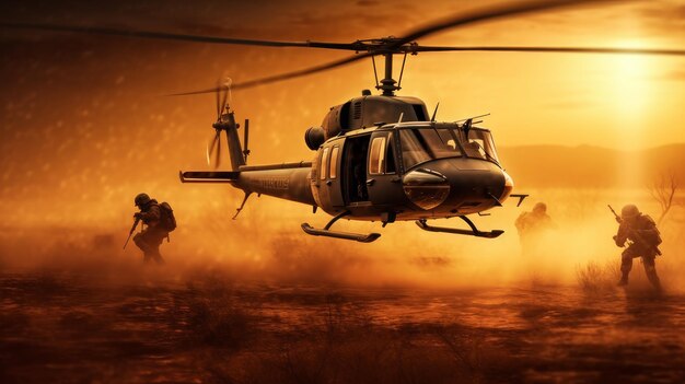 Militaire helikopters vervoeren soldaten.