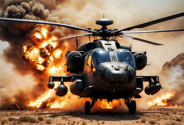 Militaire helikoptervlieg van explosie groot vuur Generatieve AI