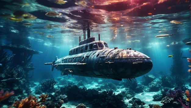 Militaire moderne nieuwe onderzeeër met marine kleur duiken onder water