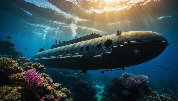 Militaire moderne nieuwe onderzeeër met marine kleur duiken onder water
