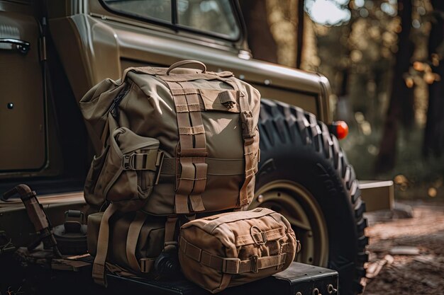 Militaire rugzak die tegen de kant van een jeep rust