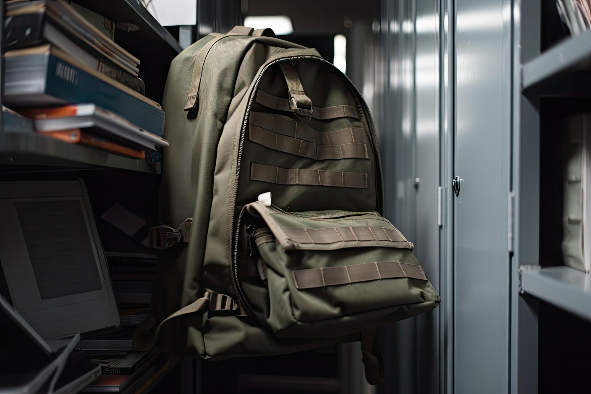 Militaire rugzak hangend aan schoolkast met schoolboeken en notitieboekjes erin