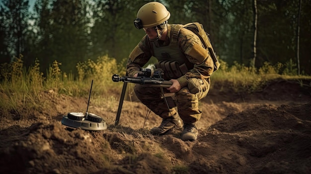 Militaire sapper op zoek naar mijnen met een mijndetector leger oorlogsconcept Generatieve AI