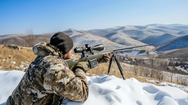 Militaire sluipschutter in een met sneeuw bedekte bergen