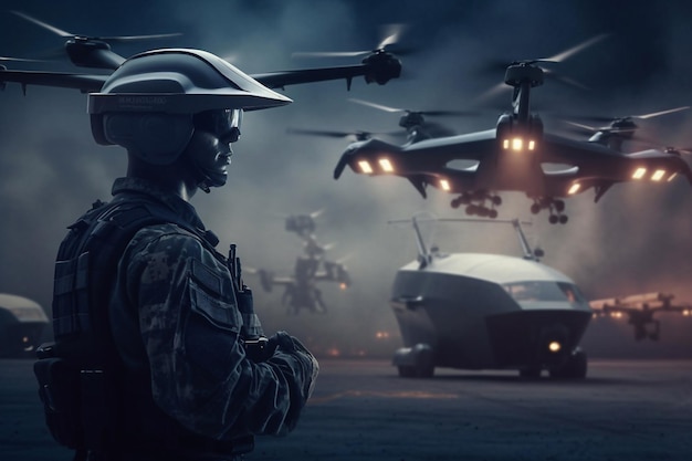 Militaire soldaat bestuurt drone voor verkenning van vijandelijke posities Concept met behulp van quadrocopters in slimme oorlog