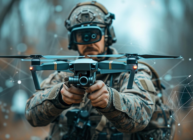 Militaire soldaat controleert drone voor verkenning van vijandelijke posities Concept met behulp van quadrocopters in slimme oorlog