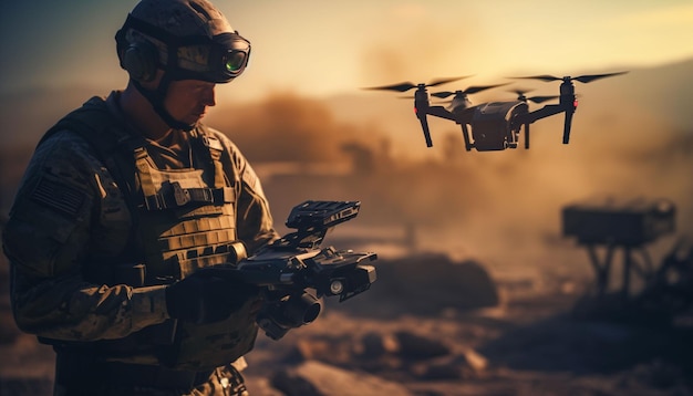 Militaire soldaat controleert drone voor verkenning van vijandelijke posities Concept met behulp van quadrocopters in slimme oorlog