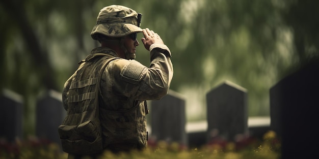 militaire soldaat groet aan het graf met Amerikaanse vlag herdenkingsdag achtergrond