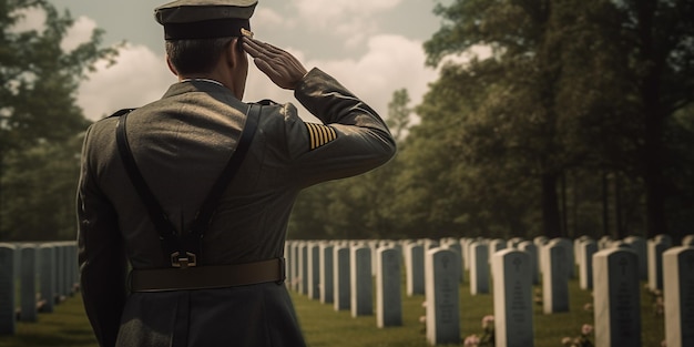 militaire soldaat groet aan het graf met Amerikaanse vlag herdenkingsdag achtergrond