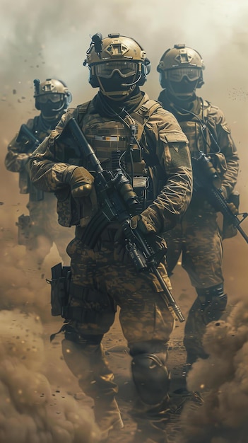 Militaire soldaten in formatie op een stoffig slagveld Defensie en strijdkrachten concept