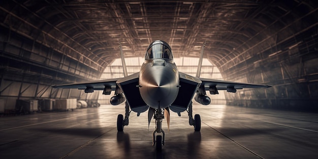 Militaire straaljager in de hangar met gegenereerde AI