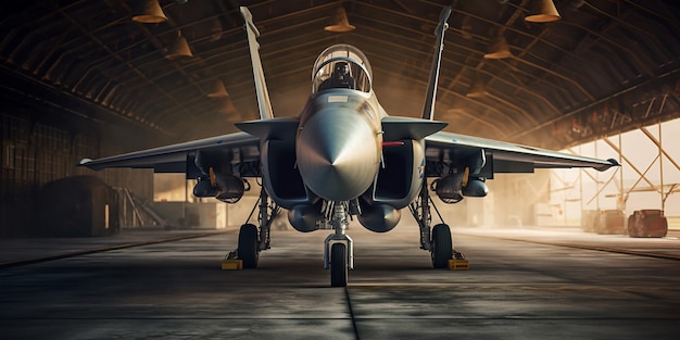 Militaire straaljager in de hangar met gegenereerde AI