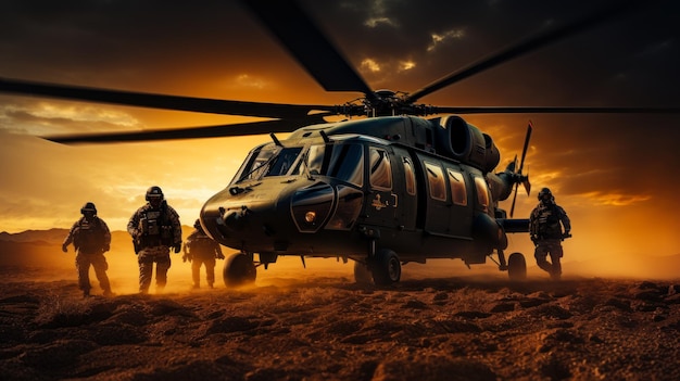 Militaire troepen in alle nodige uitrusting staan rond gevechtshelikopter Soldaten zijn geland in de woestijn bij zonsondergang Generatieve AI