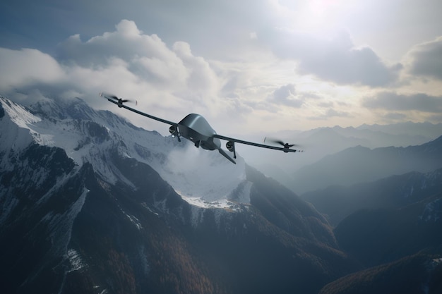 Militaire verkenningsdrone die in de lucht in de bergen vliegt Generatieve AI