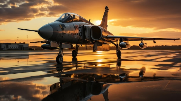 Militaire vliegtuigen op de landingsbaan met reflectie in het water bij zonsondergang