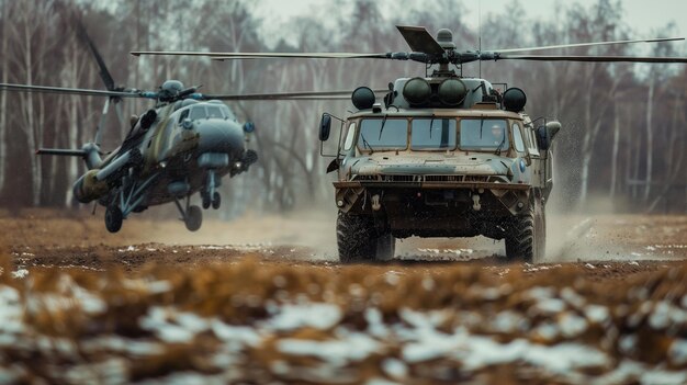 Militaire voertuigen en helikopters in het veld