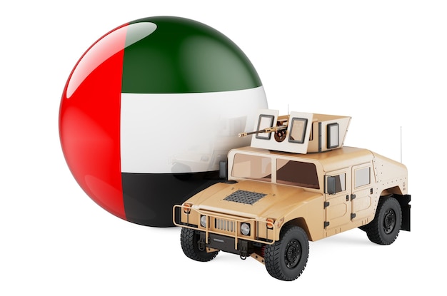 Militaire vrachtwagen met de vlag van de Verenigde Arabische Emiraten Combat verdediging van het UAE concept 3D rendering geïsoleerd op witte achtergrond