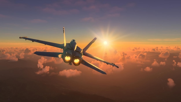 Militar-vliegtuigen die over de wolken vliegen in een geweldige zonsondergang