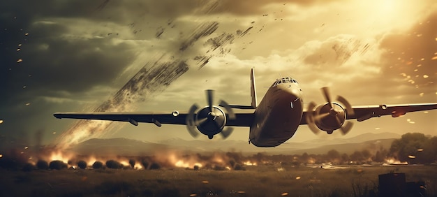 Military aircraft against the dark sky clouds explosions on the ground Military illustration AI Generative