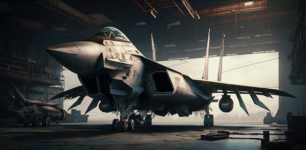 Military aircraft stands in the hangar military fighter aircraft on aircraft carrier AIGenerated