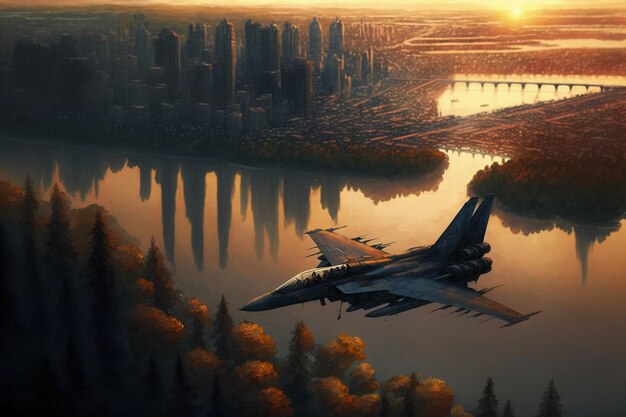 Military airplane flies high above city at sunrise.