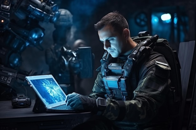 Foto soldato analista militare in uniforme che analizza i dati su un'intelligenza artificiale generativa per tablet