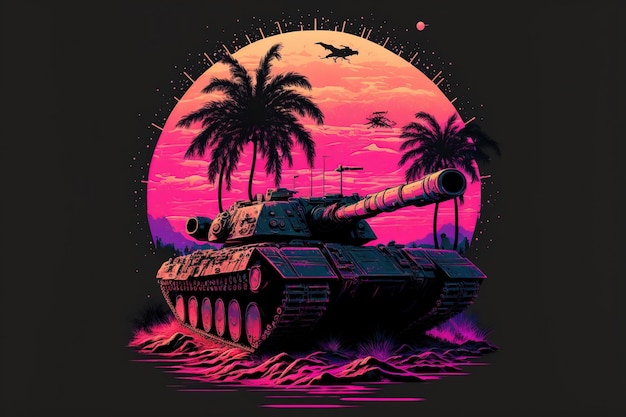 Military armor tank illustrated in retro neon light and vaporwave design