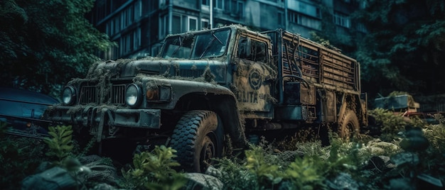 Military Army truck post apocalypse landscape widescreen adondoned poster photo rain greenery night