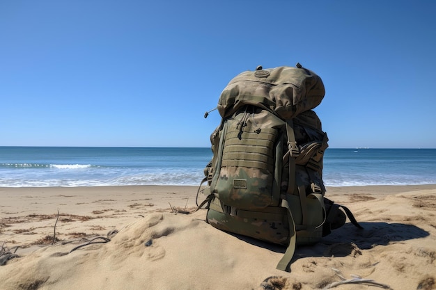 Military backpack on beach with view of the ocean and clear blue skies