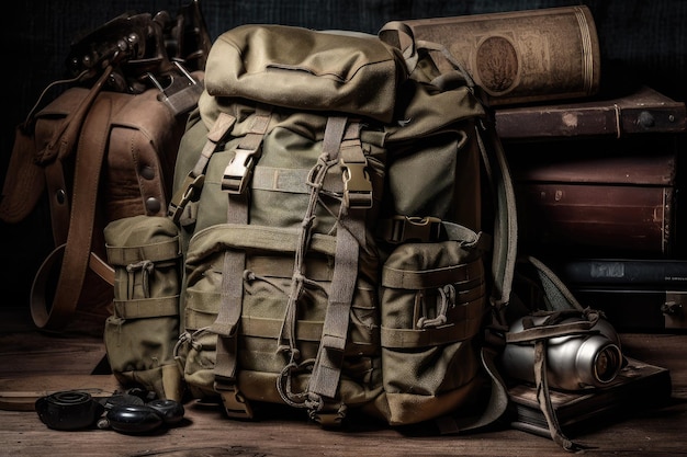 Military backpack filled with survival equipment ready for action