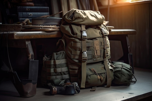 Military backpack full of supplies and equipment ready for a mission