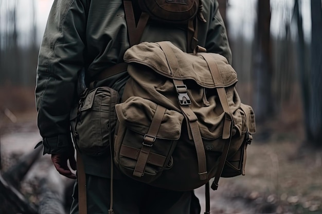 Military backpack in the hands of soldier ready to go into battle