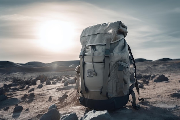 Military backpack on the moon surrounded by vast and desolate landscape