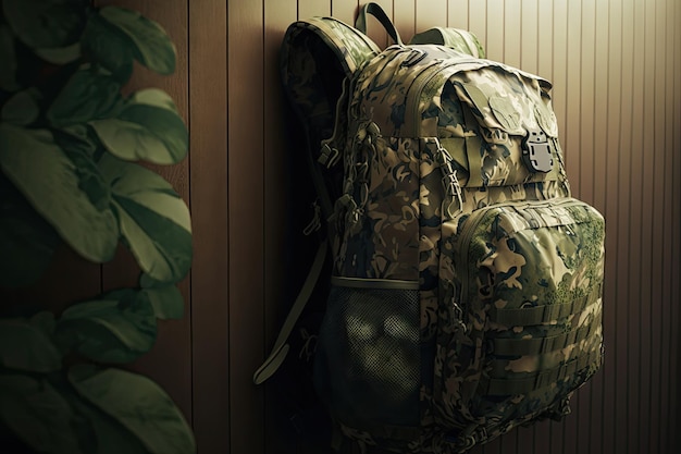 Military backpack with camouflage print hanging on wall of barracks created with generative ai