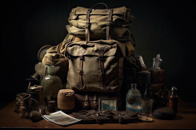 Photo military backpack with a collection of objects representing the person who carried it