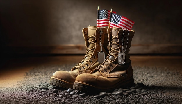 Photo military boots and american flags tribute