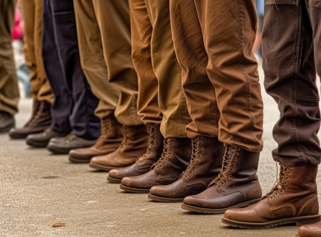 ジェネレーティブAI技術で作られた 列の兵士の足の上の軍事ブーツ